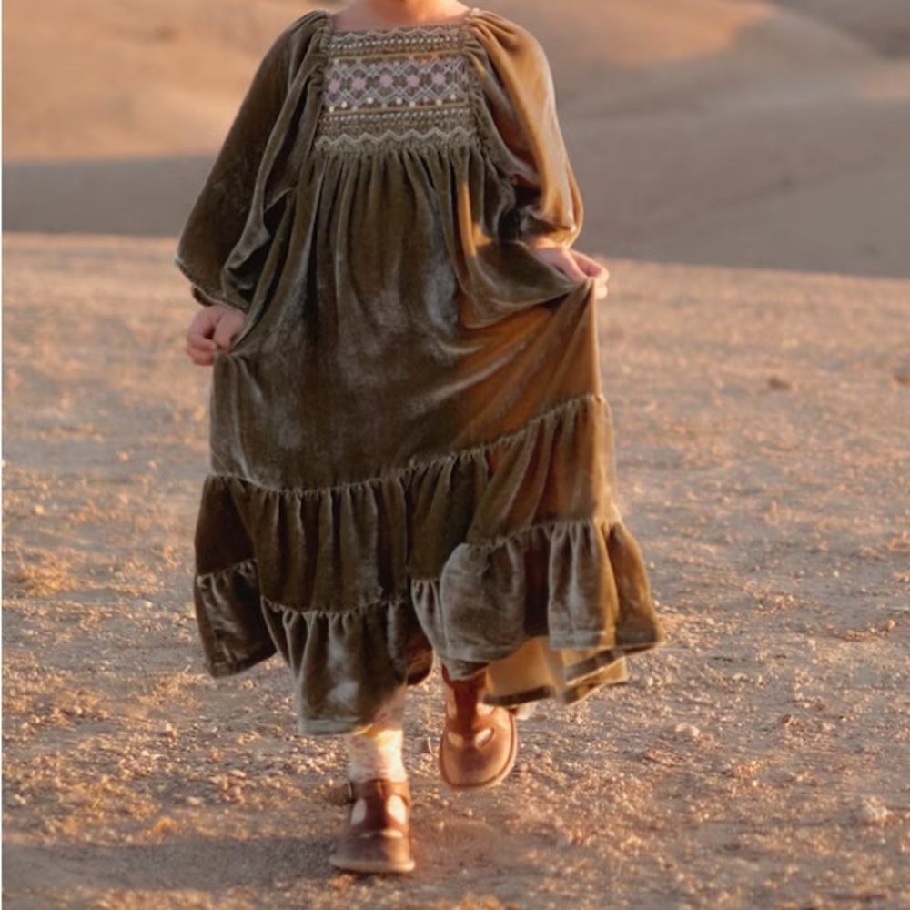 LOUISE MISHA 12Y Olivina Hand Embroidered Velvet Dress | Khaki